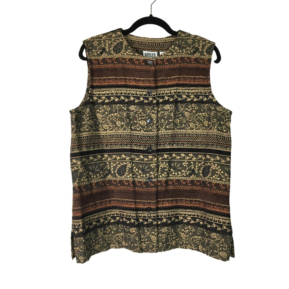 Chico's Design Tapestry Vest Brown Green Boho Paisley